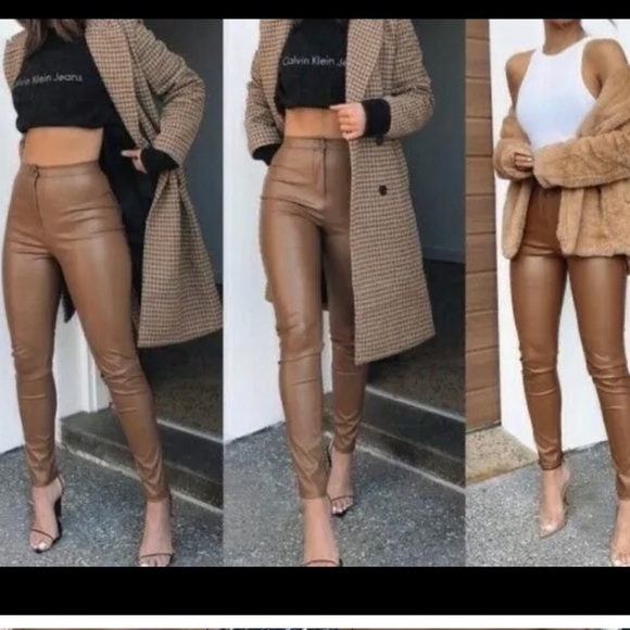 BLOGGERS FAVORITE ZARA Brown Faux Leather Leggings - Picture 1 of 12